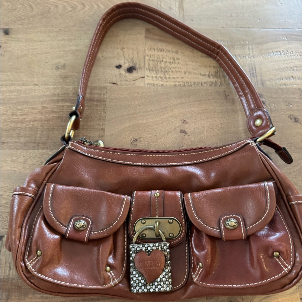 Kathy Van Zeeland Brown Leather Shoulder Bag with Heart Lock Charm
